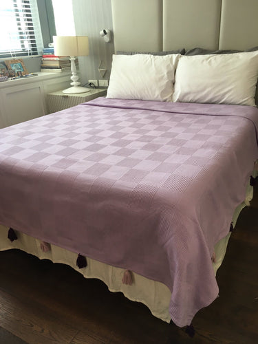 Turkish Blanket/ Sofa Throw/ Bed Cover - Lilac Checked Pattern with Tassels