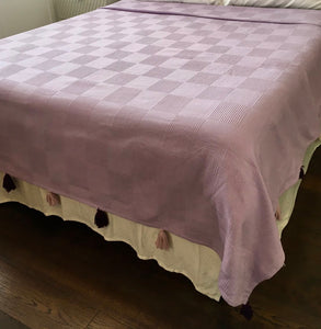 Turkish Blanket/ Sofa Throw/ Bed Cover - Lilac Checked Pattern with Tassels