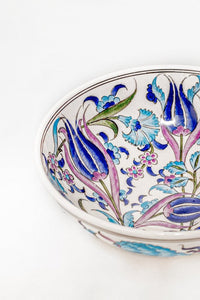Turkish Hand-Painted Decorative Bowl or Serving Bowl- Blue Purple Tulips