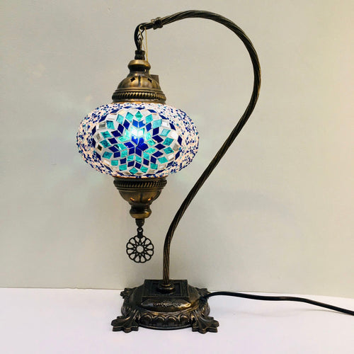 Copper Filigree Authentic Swan Neck Table Lamp - Sky Blue Starbursts