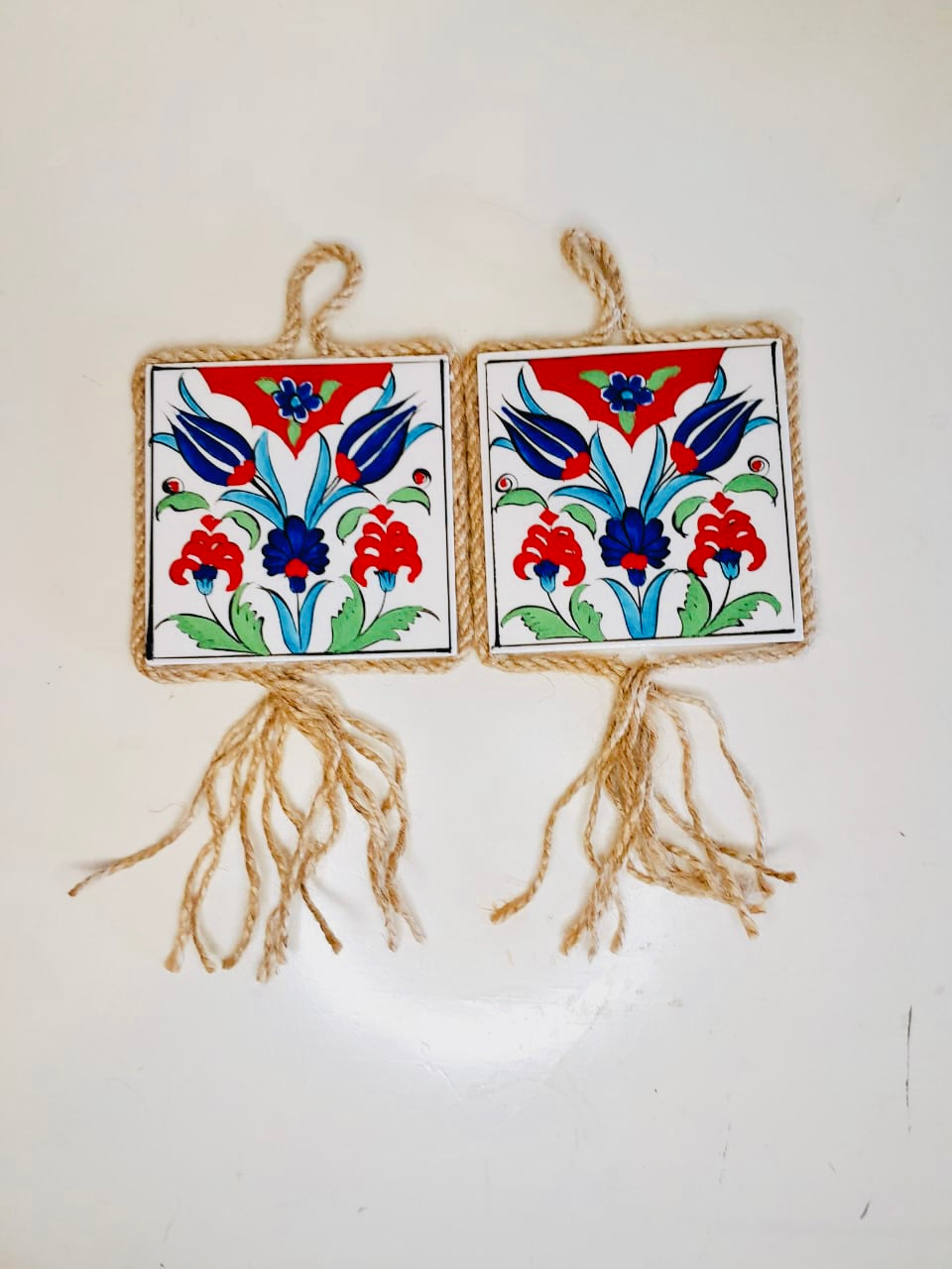 Turkish Ceramic Macrame Tile Hanging Decor - Pair D