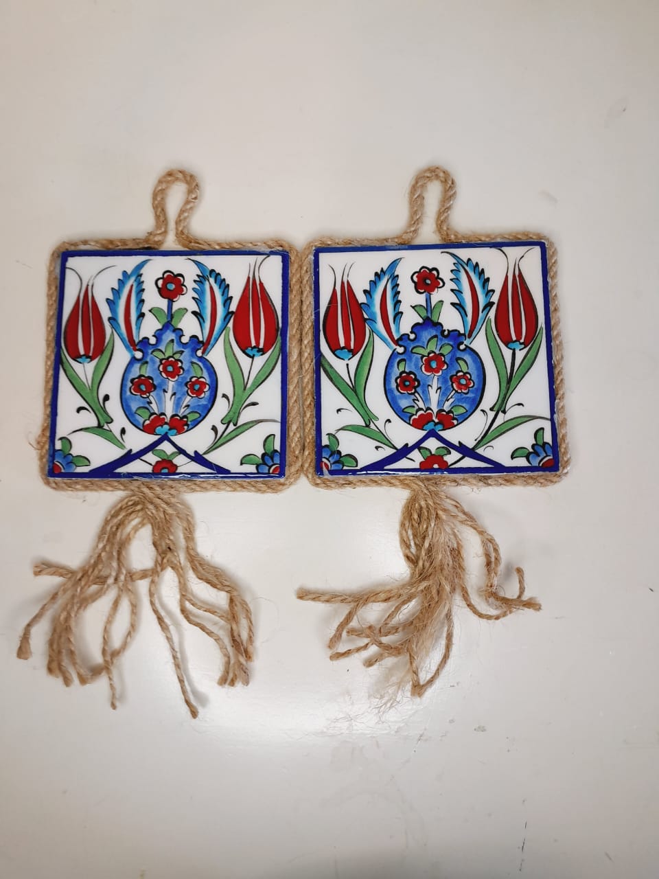 Turkish Ceramic Macrame Tile Hanging Decor - Pair F