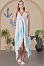 Load image into Gallery viewer, Hooded Sleeveless Peshtemal Cover Up - Blue Green Stripe