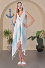 Load image into Gallery viewer, Hooded Sleeveless Peshtemal Cover Up - Blue Green Stripe