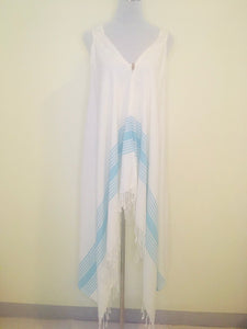 Hooded Sleeveless Peshtemal Cover Up - Blue Green Stripe