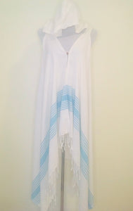 Hooded Sleeveless Peshtemal Cover Up - Blue Green Stripe