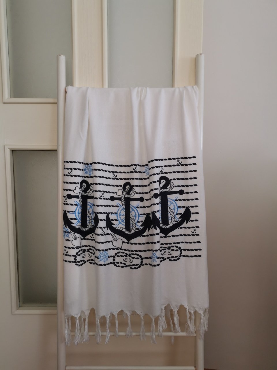 Super Soft Bamboo Peshtemal - Turkish Bath/Beach Towel – Anchor Printed Navy Blue