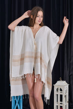 Load image into Gallery viewer, Peshtemal Poncho Style Cover Up with Tassel - Brown Stripe