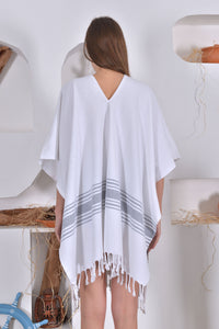 Peshtemal Poncho Style Cover Up with Tassel - Grey Stripe