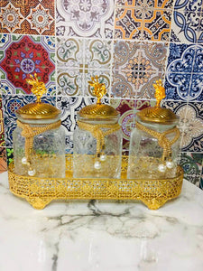 Three Glass Spice Jar Set - Flower Top Gold