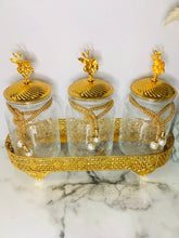 Load image into Gallery viewer, Three Glass Spice Jar Set - Flower Top Gold