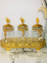 Load image into Gallery viewer, Three Glass Spice Jar Set - Flower Top Gold