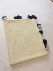 Turkish Blanket/ Sofa Throw/ Bed Cover - Cream Checked Pattern with Blue Tassels