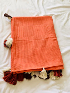 Turkish Blanket/ Sofa Throw/ Bed Cover - Orange  Checked Pattern with Tassels