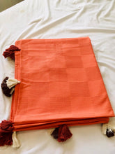 Load image into Gallery viewer, Turkish Blanket/ Sofa Throw/ Bed Cover - Orange  Checked Pattern with Tassels