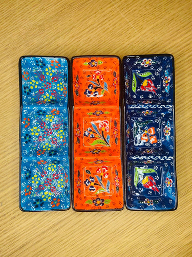 Turkish Ceramic 3-Section Rectangular Dish - Blue, Orange, Navy (3 pc. set)