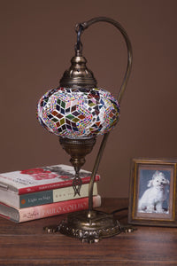 Copper Filigree Authentic Swan Neck Table Lamp - Multicolor Mosaic Star