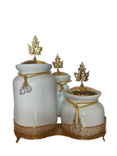 Load image into Gallery viewer, Three Spice Ceramic Jars with Gold Leaf Filligree