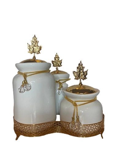 Three Spice Ceramic Jars with Gold Leaf Filligree